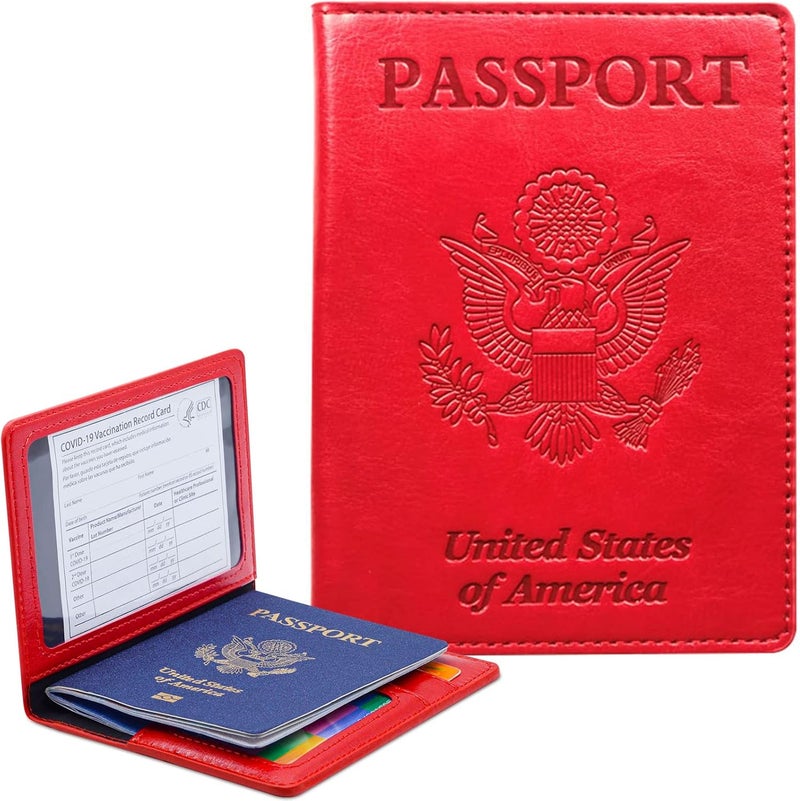 KAOBAN Passport Holder Cover Wallet Case RFID Blocking Leather Card Slot Travel Accessories Documents Organizer Protector for Women Men, Red - Image 1